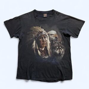 Vintage 1990s Black 3D Emblem Graphic T-Shirt with Native American graphic L